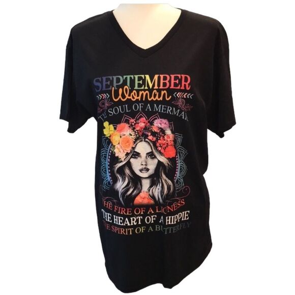 September Woman Bohemian V-Neck Birthday Birth Month Tee Shirt Sz M - Picture 2 of 10